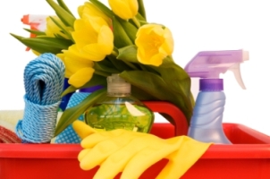 cleaning materials with tulips spring cleaning