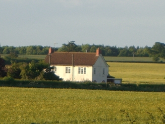 summer view across the field to a white cottage